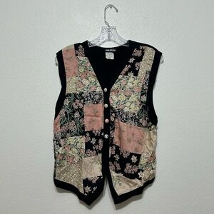 Hot Stuff Black Patchwork Print Floral Button Up Vest Size L 90s Grandmacore
